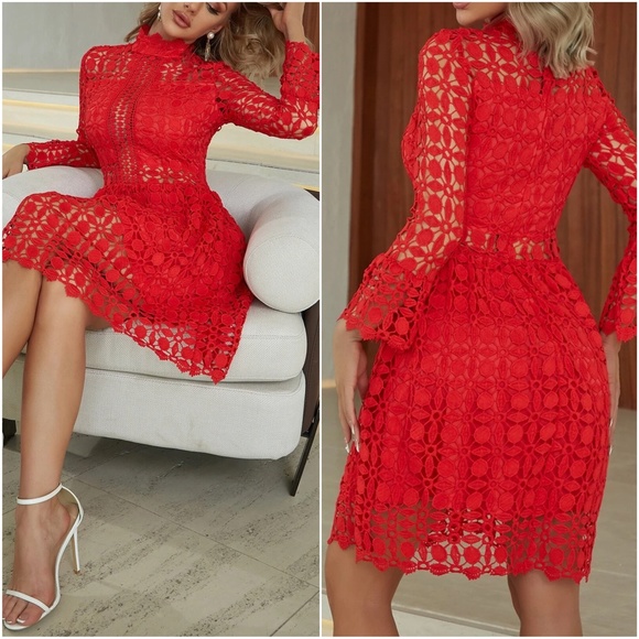 Luxurious Ruffle Sleeve Lace Party Holiday Evening Dress - Picture 9 of 15